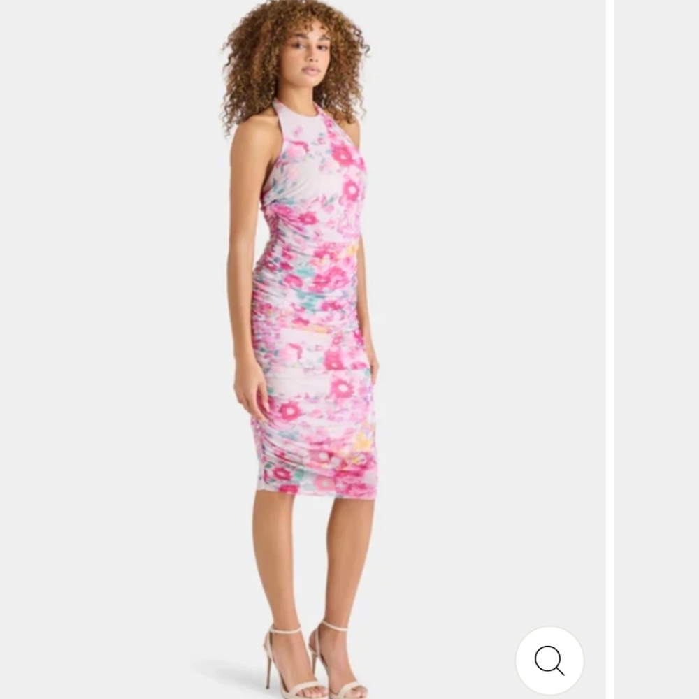 Steve Madden Pink Floral Halter Ruched Midi Dress